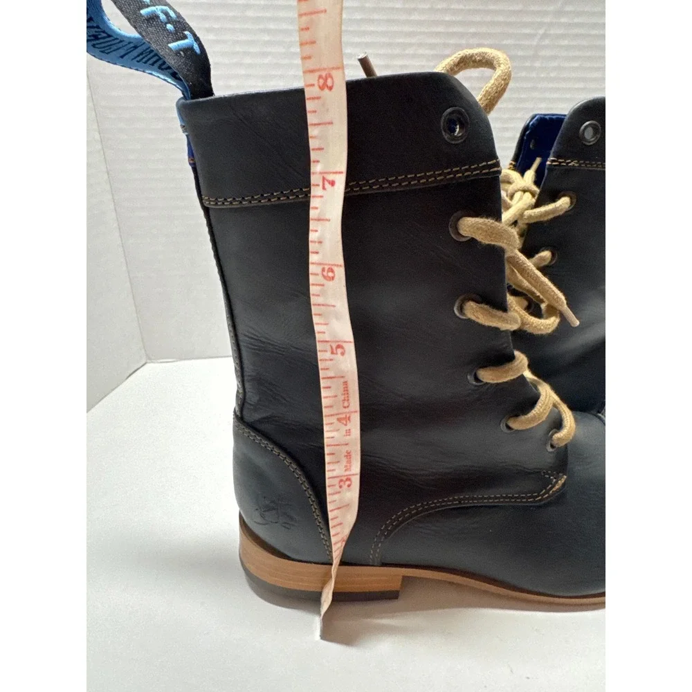 John Fluevog Radio CBC Black Leather Lace Up Cap Toe Boots Blue Lining‎ Mens 7